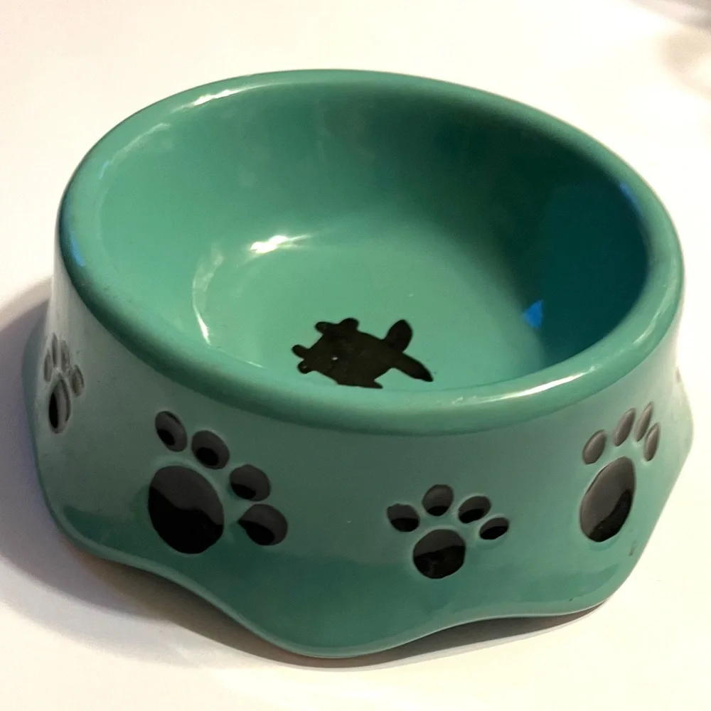 Pottery cat bowl robin egg blue fish paw prints scallop bottom unique whimsical